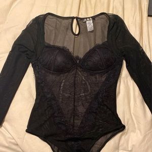 Lace and mesh long sleeve body suit